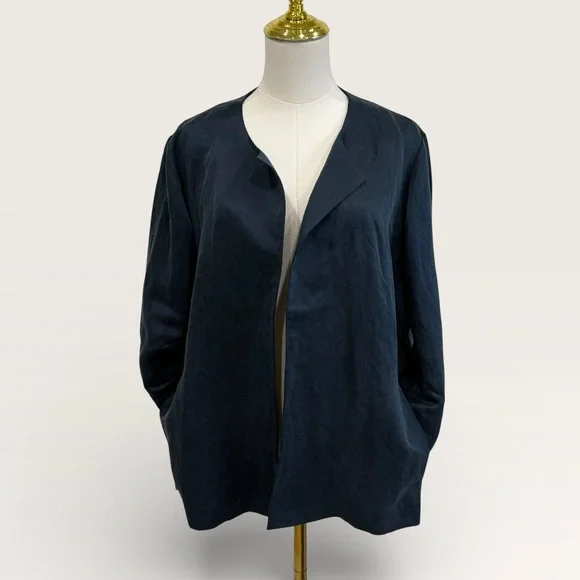 Eileen Fisher Large Linen Silk Satin Round Neck Open Jacket Deep Adriatic Blue - Picture 4 of 16